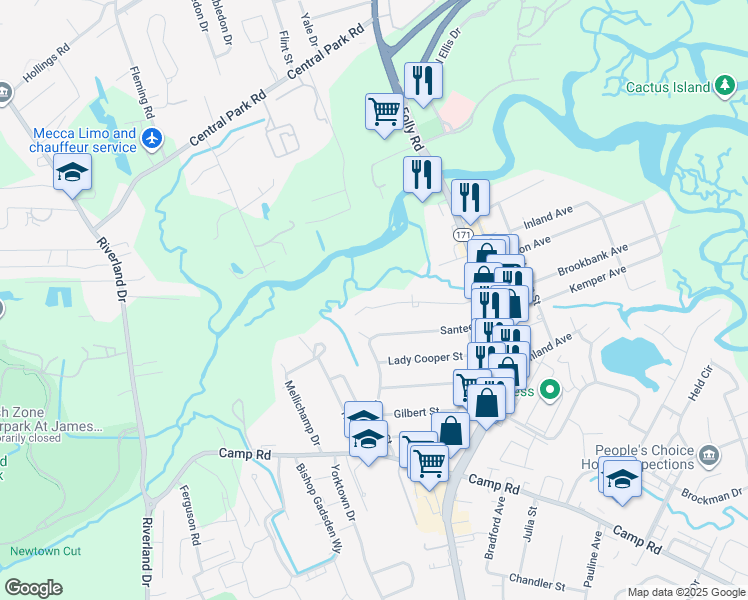 map of restaurants, bars, coffee shops, grocery stores, and more near 1776 Brantley Drive in Charleston