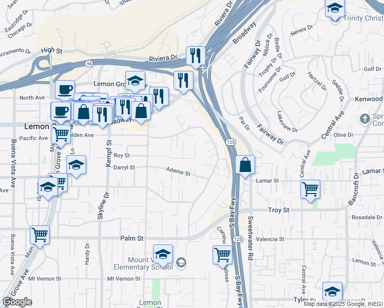 map of restaurants, bars, coffee shops, grocery stores, and more near 3212 Meadow Lane in Lemon Grove