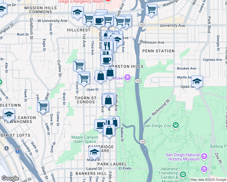 map of restaurants, bars, coffee shops, grocery stores, and more near 3409 Fifth Avenue in San Diego