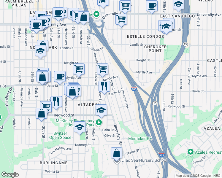 map of restaurants, bars, coffee shops, grocery stores, and more near in San Diego