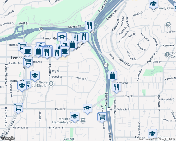 map of restaurants, bars, coffee shops, grocery stores, and more near 3212 Meadow Lane in Lemon Grove