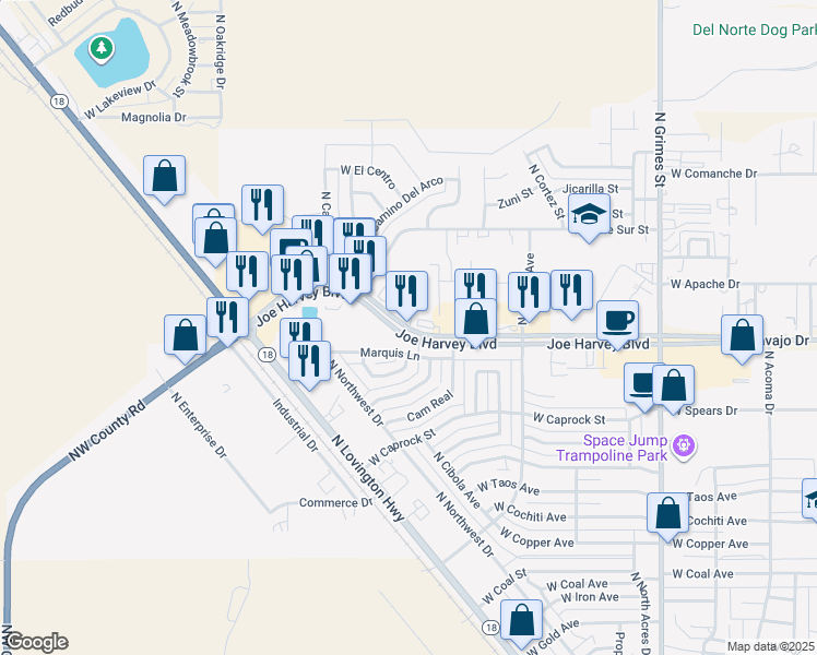 map of restaurants, bars, coffee shops, grocery stores, and more near 1500 Joe Harvey Boulevard in Hobbs