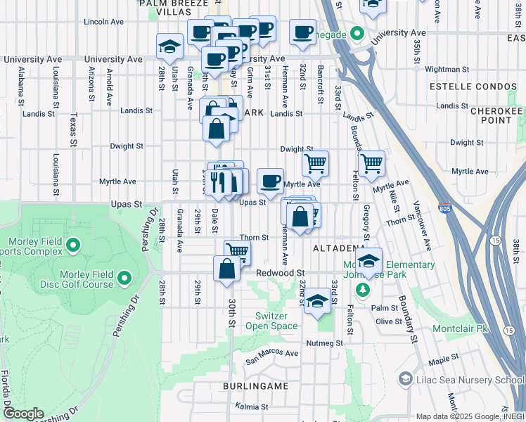 map of restaurants, bars, coffee shops, grocery stores, and more near 3374 31st Street in San Diego