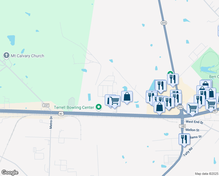 map of restaurants, bars, coffee shops, grocery stores, and more near 2390 West Moore Avenue in Terrell
