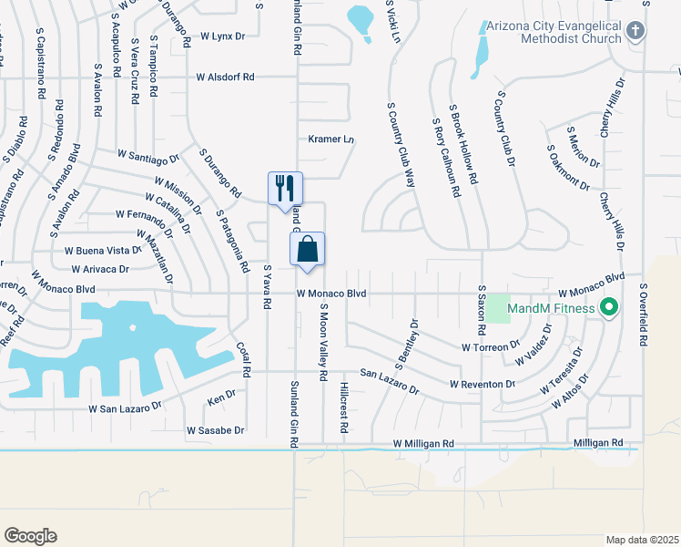 map of restaurants, bars, coffee shops, grocery stores, and more near 15330 South Quintin Place in Arizona City
