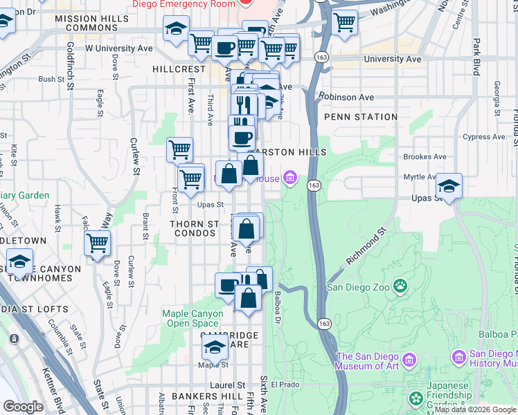 map of restaurants, bars, coffee shops, grocery stores, and more near 555 Upas Street in San Diego