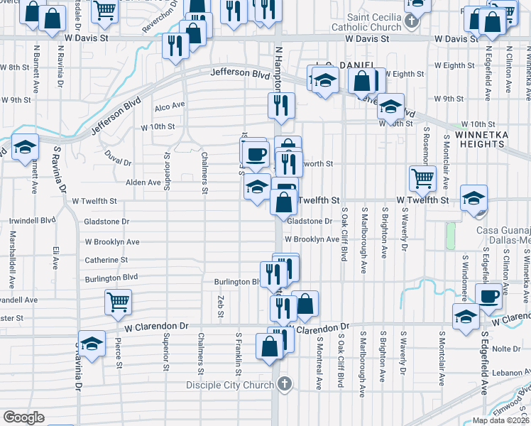 map of restaurants, bars, coffee shops, grocery stores, and more near 2419 Gladstone Drive in Dallas