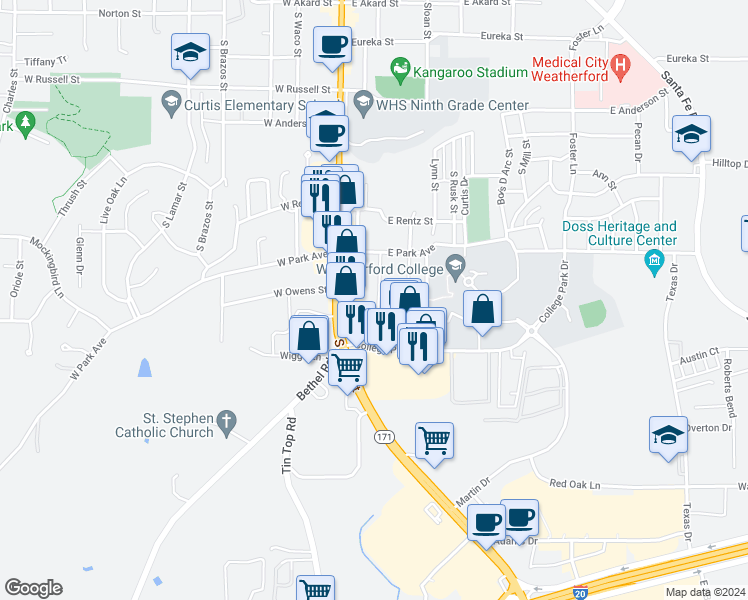 map of restaurants, bars, coffee shops, grocery stores, and more near 1506 South Elm Street in Weatherford