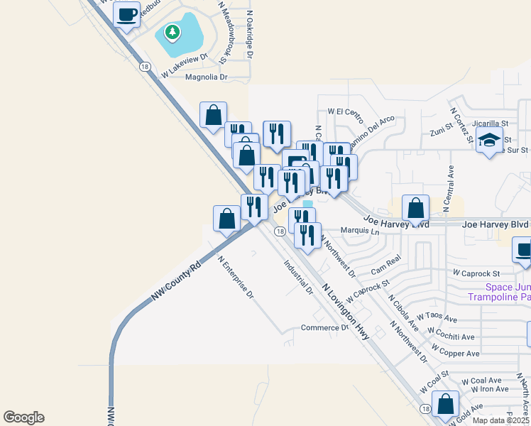 map of restaurants, bars, coffee shops, grocery stores, and more near 1824 Joe Harvey Boulevard in Hobbs