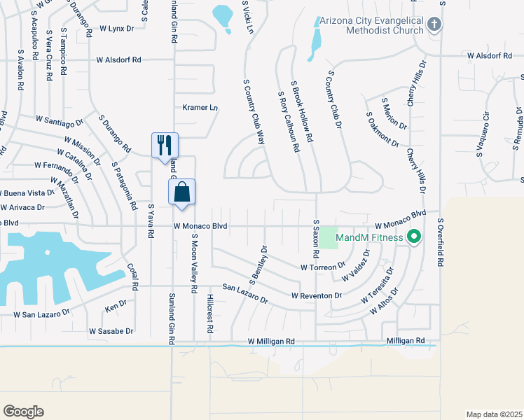 map of restaurants, bars, coffee shops, grocery stores, and more near 15330 South Bentley Place in Arizona City
