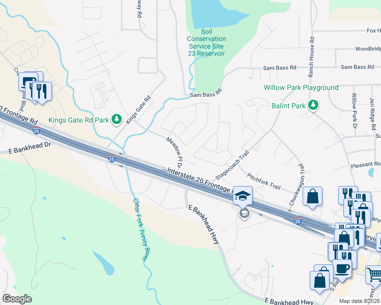 map of restaurants, bars, coffee shops, grocery stores, and more near 133 Overland Trail in Willow Park