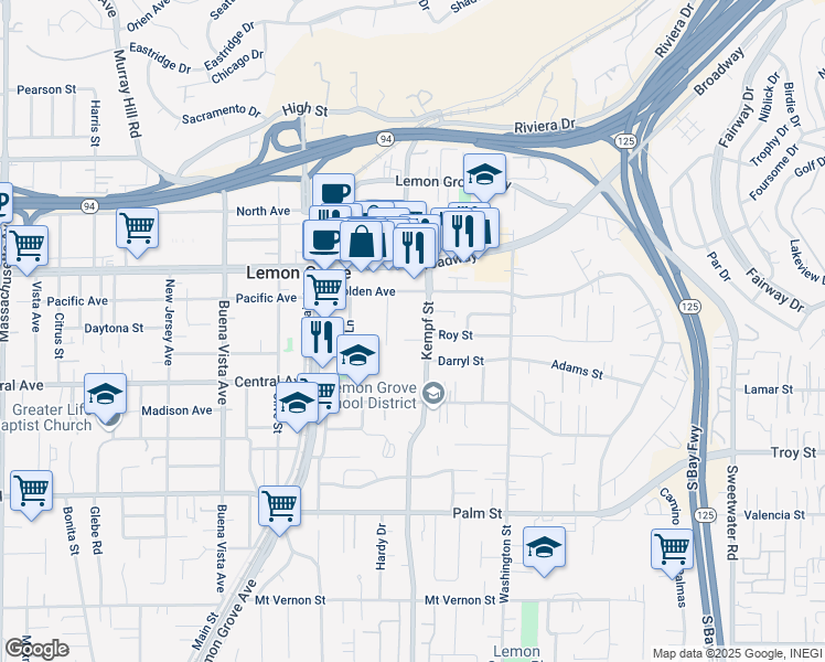 map of restaurants, bars, coffee shops, grocery stores, and more near 3210 Kempf Street in Lemon Grove