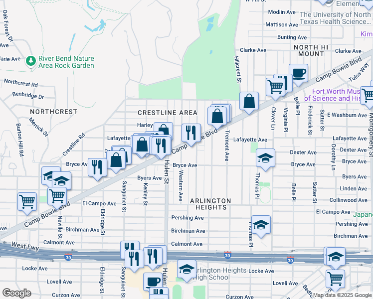 map of restaurants, bars, coffee shops, grocery stores, and more near 4455 Camp Bowie Boulevard in Fort Worth