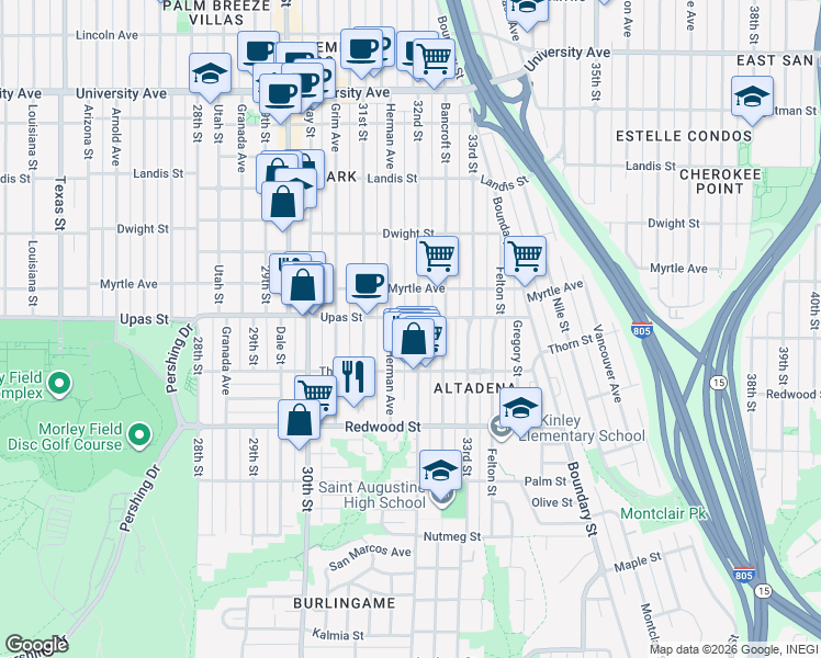 map of restaurants, bars, coffee shops, grocery stores, and more near 3380 32nd Street in San Diego