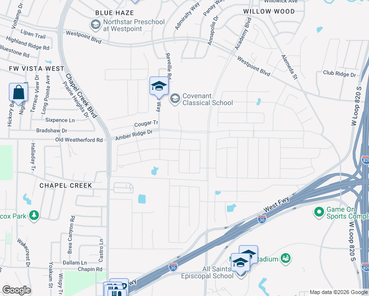 map of restaurants, bars, coffee shops, grocery stores, and more near 9832 Huntersville Trl in Fort Worth