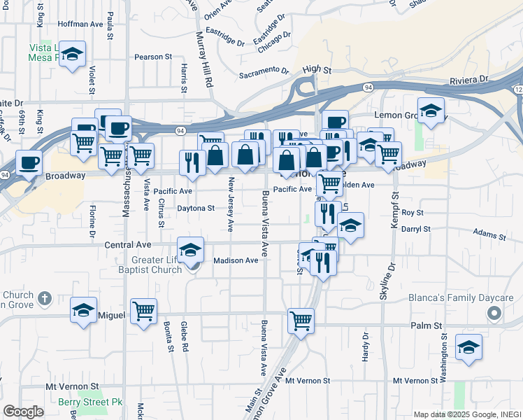 map of restaurants, bars, coffee shops, grocery stores, and more near 3260 Buena Vista Avenue in Lemon Grove