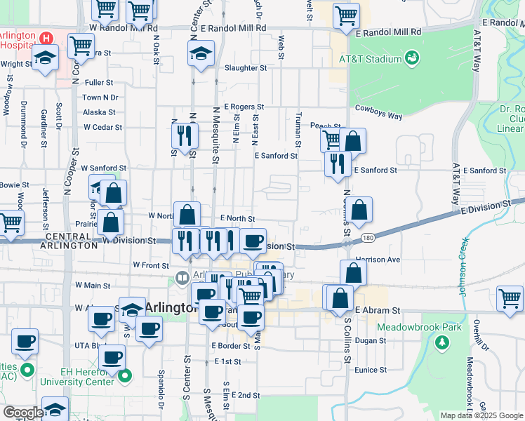 map of restaurants, bars, coffee shops, grocery stores, and more near 501 East North Street in Arlington