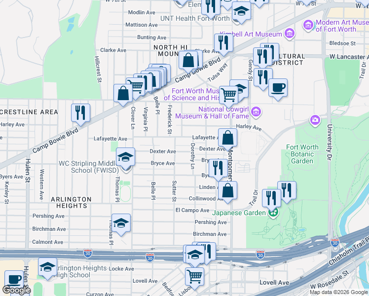 map of restaurants, bars, coffee shops, grocery stores, and more near 3816 Dexter Avenue in Fort Worth