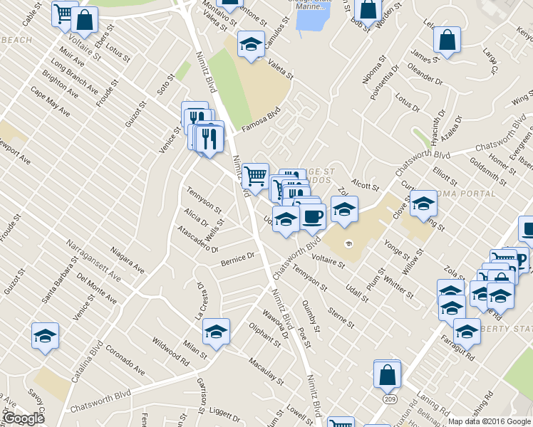 map of restaurants, bars, coffee shops, grocery stores, and more near 3812 Udall Street in San Diego