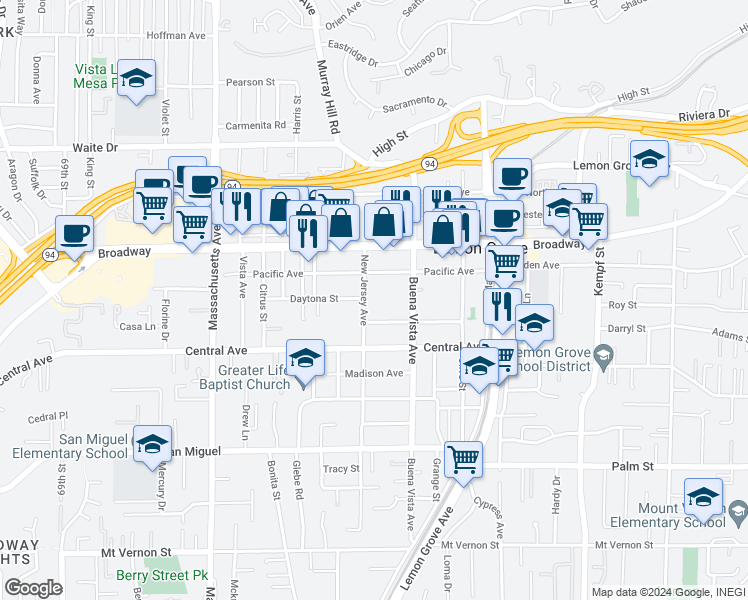 map of restaurants, bars, coffee shops, grocery stores, and more near 7508 Church Street in Lemon Grove