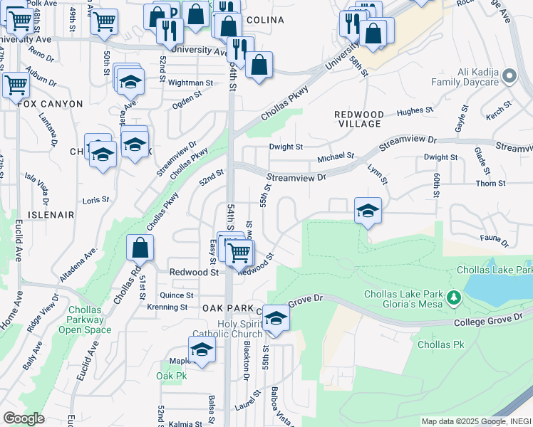 map of restaurants, bars, coffee shops, grocery stores, and more near 3228 55th Street in San Diego