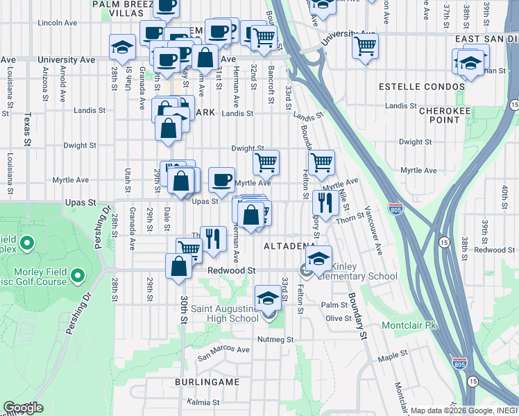 map of restaurants, bars, coffee shops, grocery stores, and more near 3358 Bancroft Street in San Diego