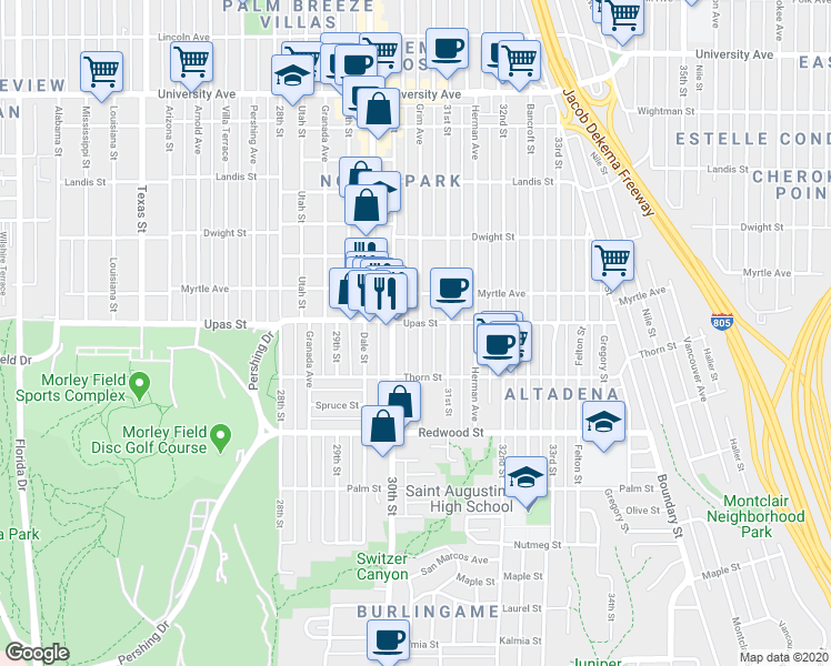 map of restaurants, bars, coffee shops, grocery stores, and more near 3361 30th Street in San Diego