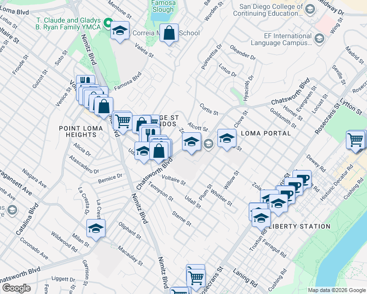 map of restaurants, bars, coffee shops, grocery stores, and more near 2314 Chatsworth Boulevard in San Diego
