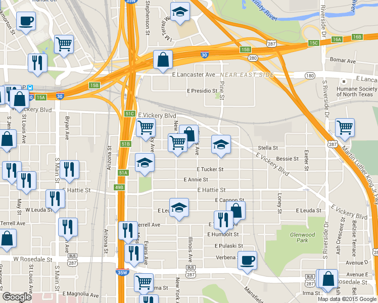map of restaurants, bars, coffee shops, grocery stores, and more near 1041 Bessie Street in Fort Worth
