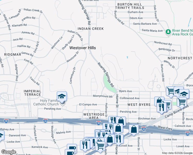 map of restaurants, bars, coffee shops, grocery stores, and more near 2000 Spanish Trail in Fort Worth