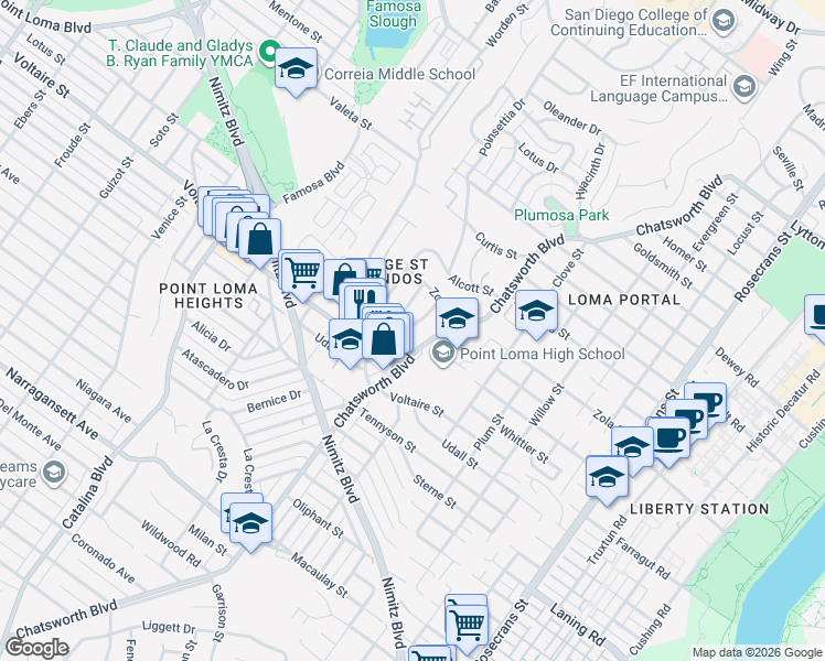 map of restaurants, bars, coffee shops, grocery stores, and more near 2303 Poinsettia Drive in San Diego