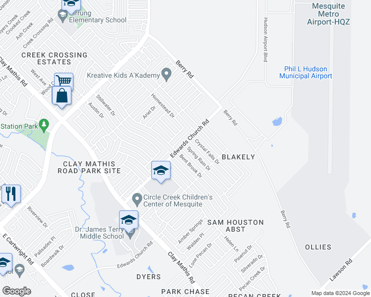 map of restaurants, bars, coffee shops, grocery stores, and more near 2505 Spring Rain Drive in Mesquite