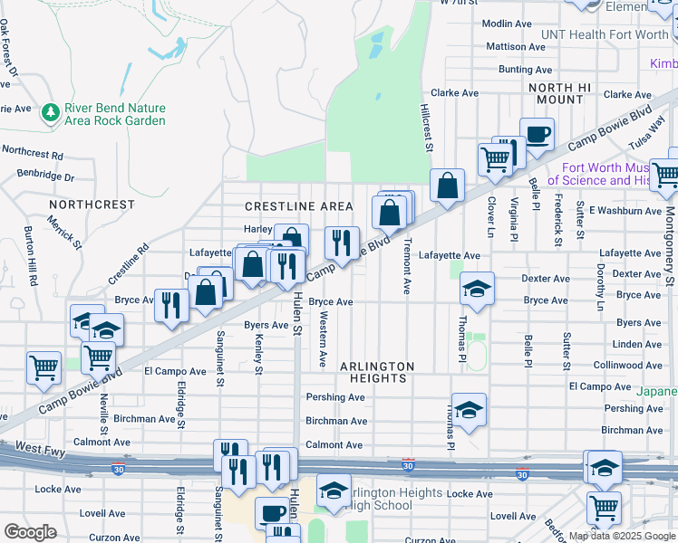 map of restaurants, bars, coffee shops, grocery stores, and more near 4455 Camp Bowie Boulevard in Fort Worth