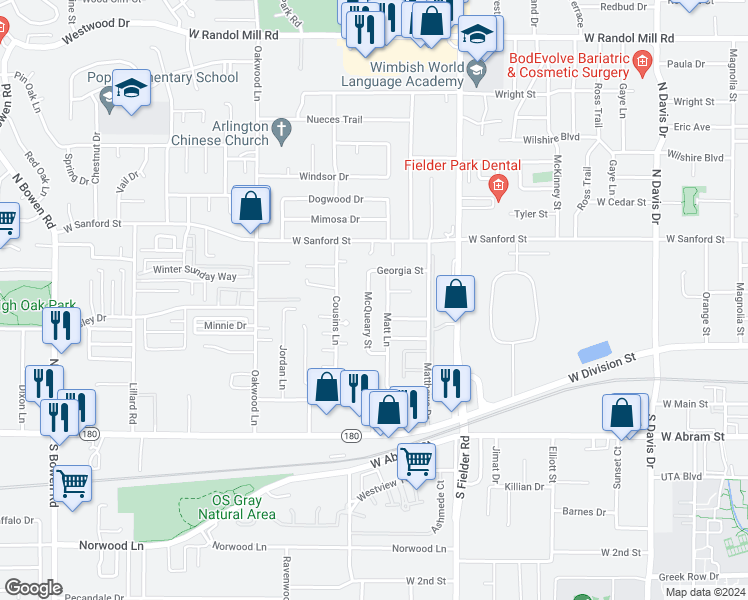map of restaurants, bars, coffee shops, grocery stores, and more near 605 McQueary Street in Arlington