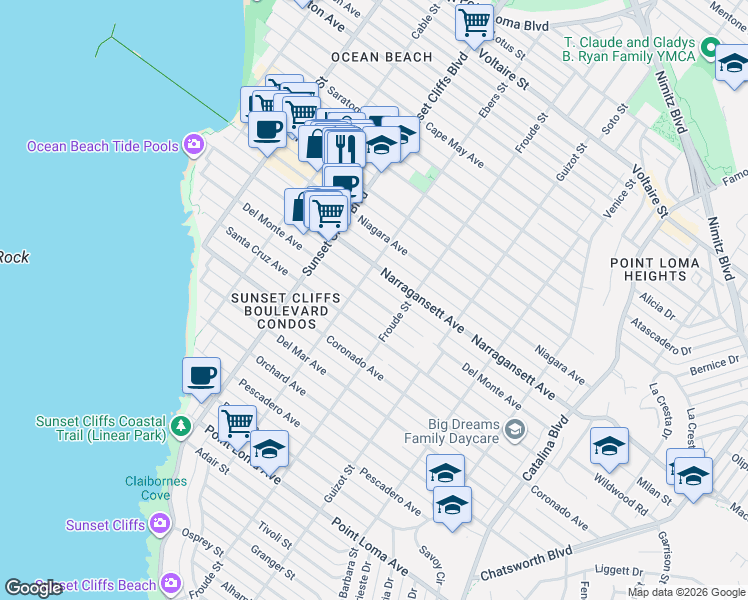 map of restaurants, bars, coffee shops, grocery stores, and more near Del Monte Avenue in San Diego