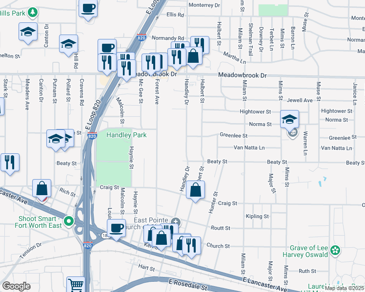 map of restaurants, bars, coffee shops, grocery stores, and more near 2716 Handley Drive in Fort Worth