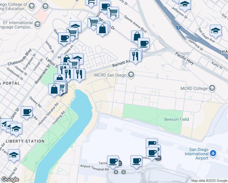 map of restaurants, bars, coffee shops, grocery stores, and more near in San Diego