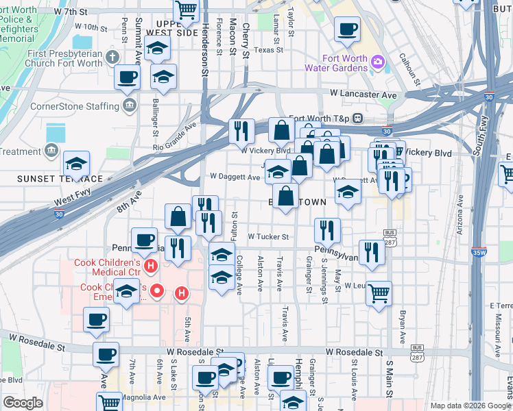 map of restaurants, bars, coffee shops, grocery stores, and more near 412 Lipscomb Street in Fort Worth