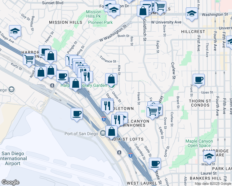 map of restaurants, bars, coffee shops, grocery stores, and more near 3515 Union Street in San Diego