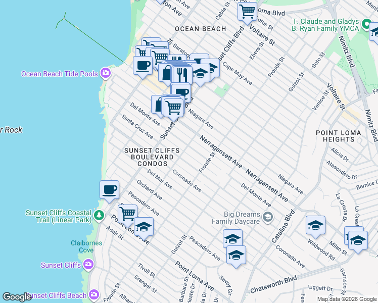 map of restaurants, bars, coffee shops, grocery stores, and more near 4687 Del Monte Avenue in San Diego