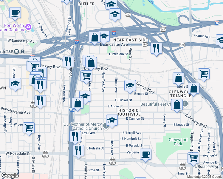 map of restaurants, bars, coffee shops, grocery stores, and more near 1041 Bessie Street in Fort Worth