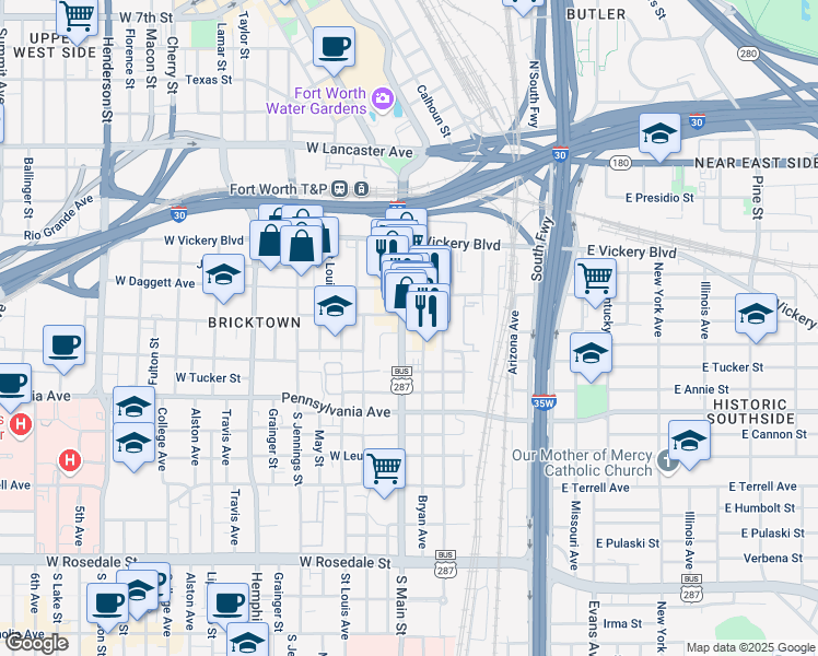 map of restaurants, bars, coffee shops, grocery stores, and more near in Fort Worth