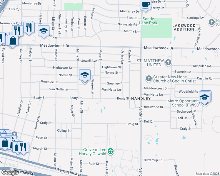 map of restaurants, bars, coffee shops, grocery stores, and more near 7225 Van Natta Lane in Fort Worth