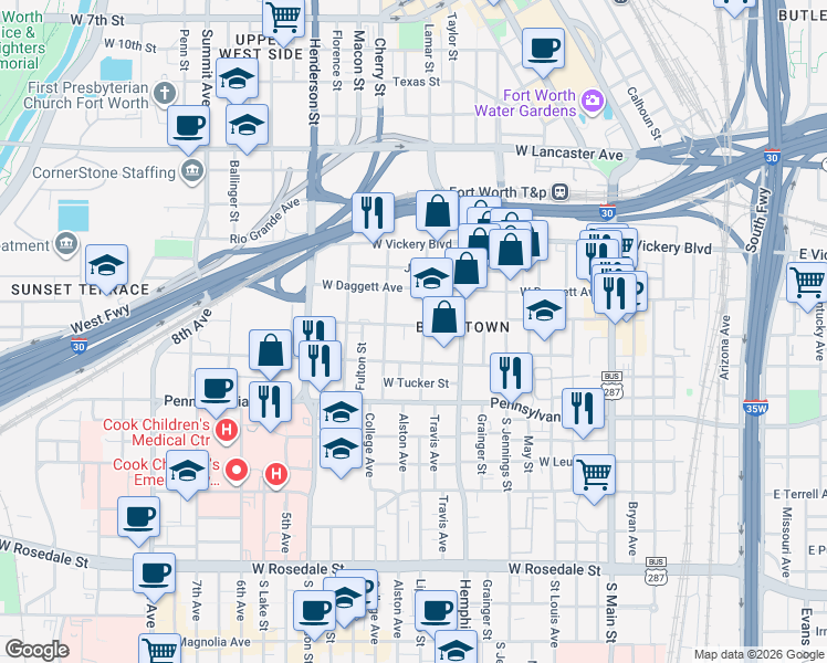 map of restaurants, bars, coffee shops, grocery stores, and more near 412 Lipscomb Street in Fort Worth