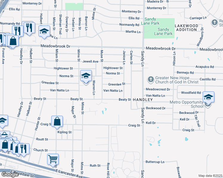 map of restaurants, bars, coffee shops, grocery stores, and more near 7225 Van Natta Lane in Fort Worth