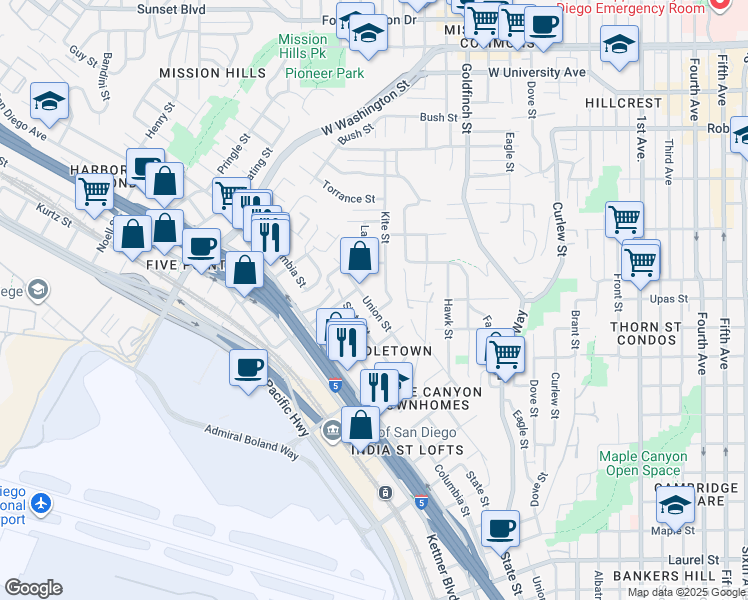 map of restaurants, bars, coffee shops, grocery stores, and more near 3515 Union Street in San Diego