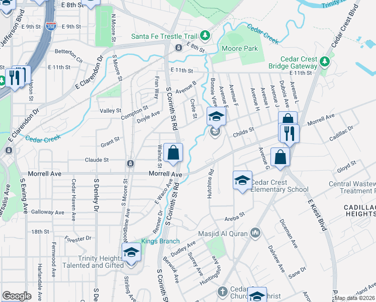 map of restaurants, bars, coffee shops, grocery stores, and more near 700 South Corinth Street Road in Dallas