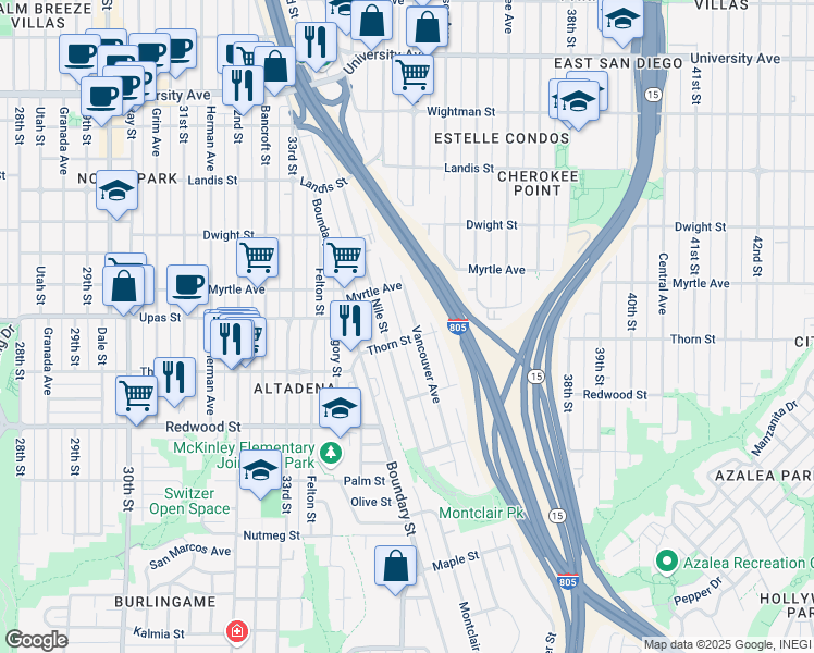 map of restaurants, bars, coffee shops, grocery stores, and more near 3320-22 Vancouver Avenue in San Diego