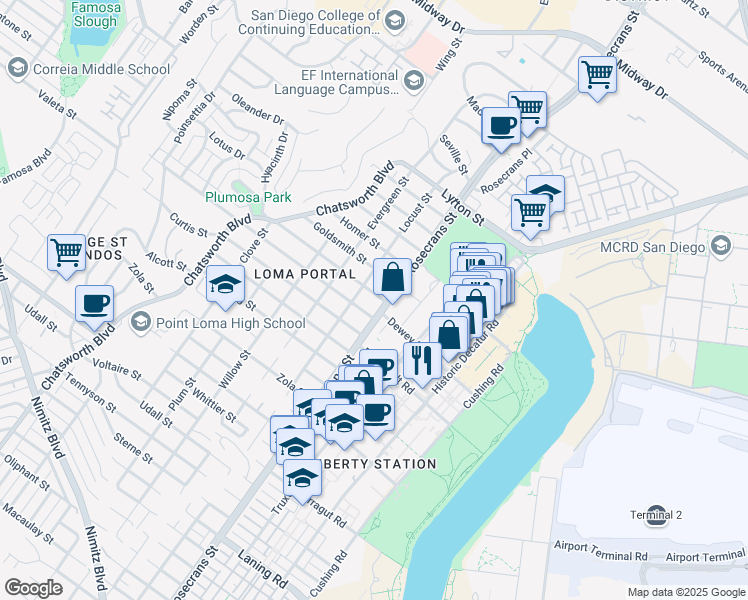 map of restaurants, bars, coffee shops, grocery stores, and more near 3021 Freeman Street in San Diego