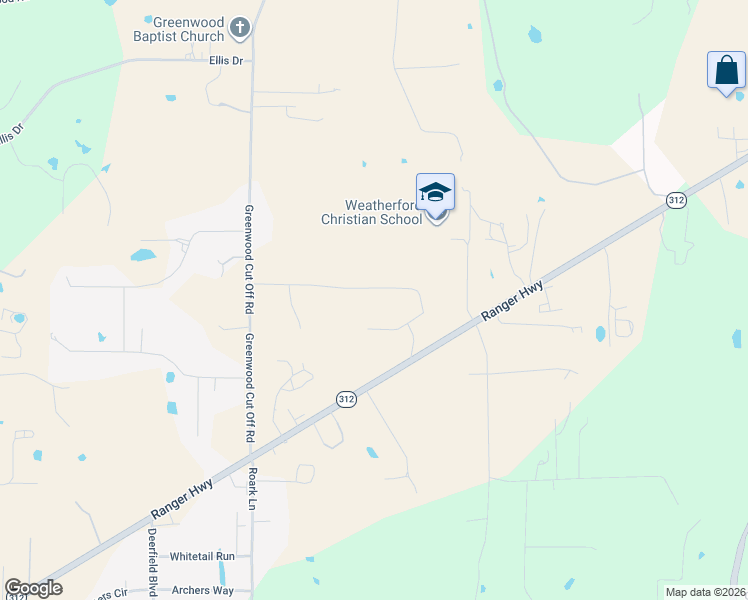 map of restaurants, bars, coffee shops, grocery stores, and more near 2327 Ranger Highway in Weatherford